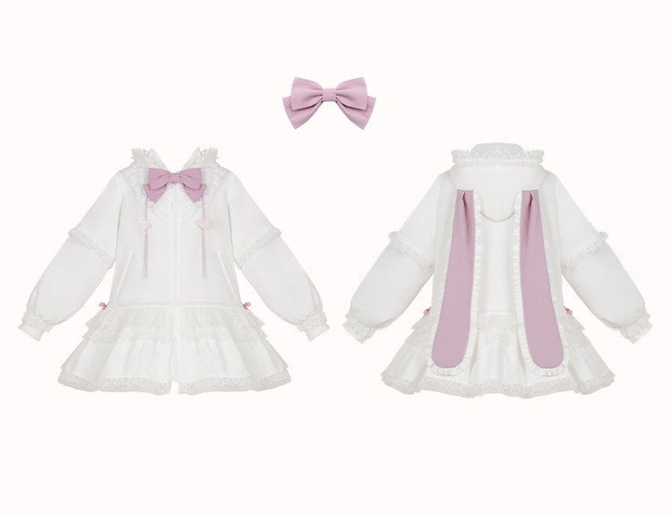 Universal Lolita Daydream Sweet Pink White Rabbit Ear Lolita Hooded Coat Dress