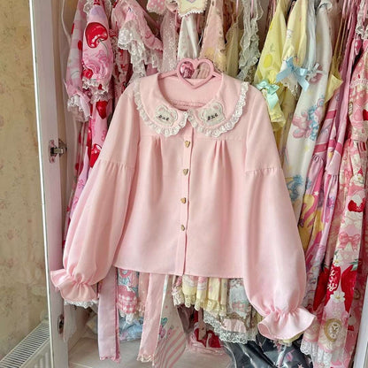 Bear Embroidery Lace Cotton Doll Collar Pink Shirt Blouse