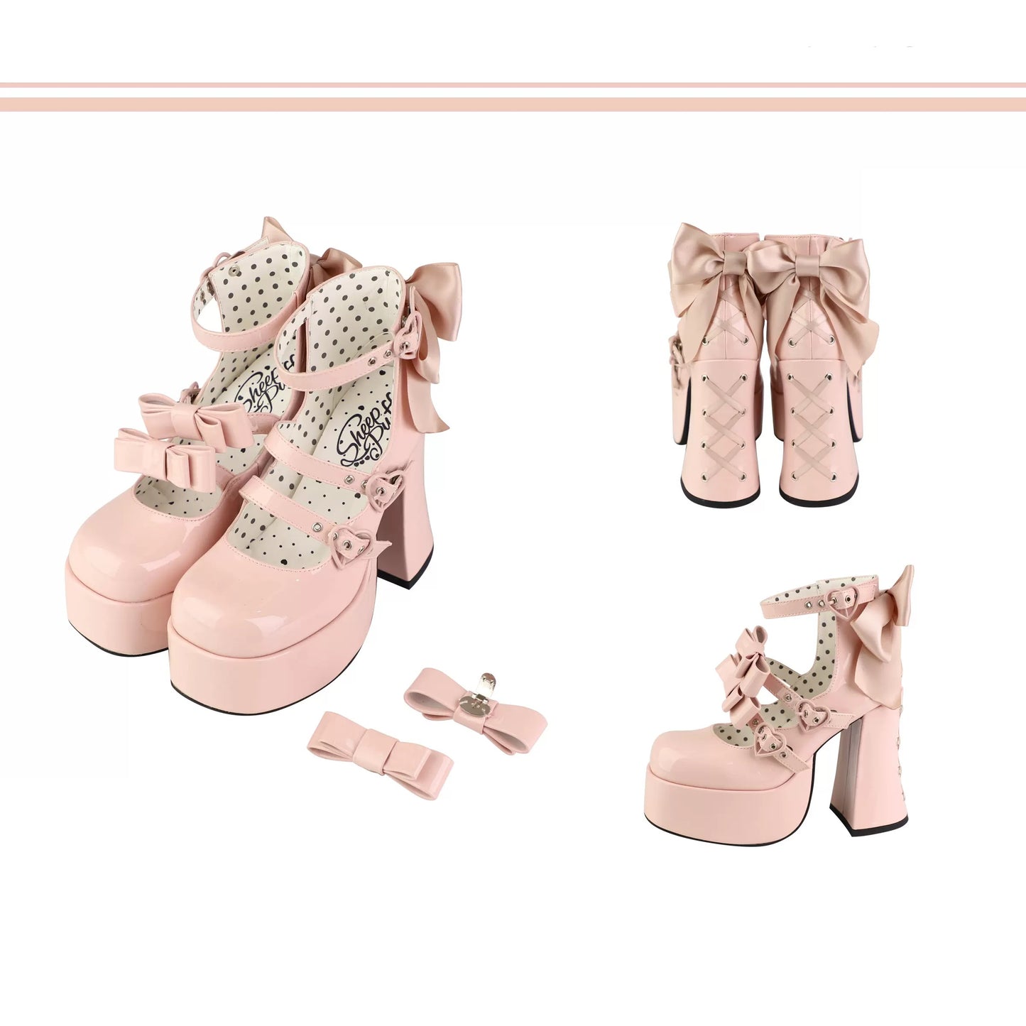 Puffy Sheep Heart Cross Bow Classic Platform Bow High Heels Shoes