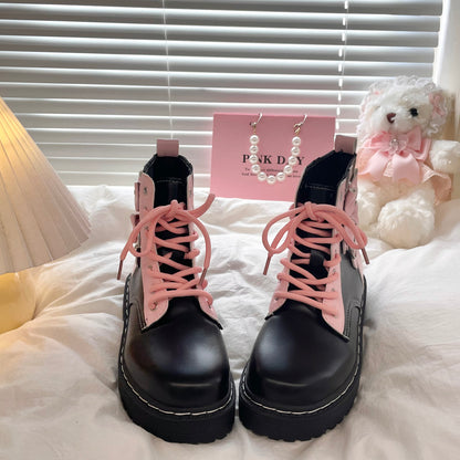 Pink Bows Black Platform Combat Boots