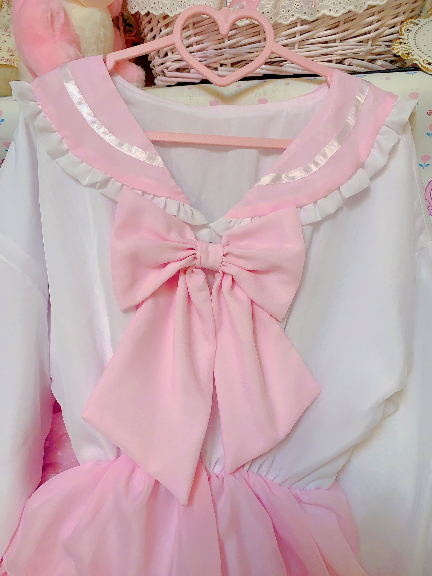 Candy Fairy Cosplay Sailor Collar Bow Sweet Ruffled Pink White Dress