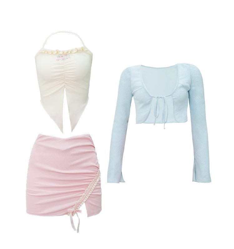 Serendipity Coquette Soft Thin Blue Cardigan & Cat Cream Halter Neck Strap Camisole & Pink Mini Skirt Three Piece Set