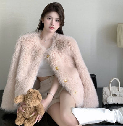 Winter Classy Luxury Elegant Fur Plush Pink Jacket