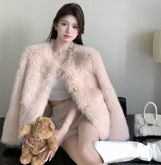 Winter Classy Luxury Elegant Fur Plush Pink Jacket