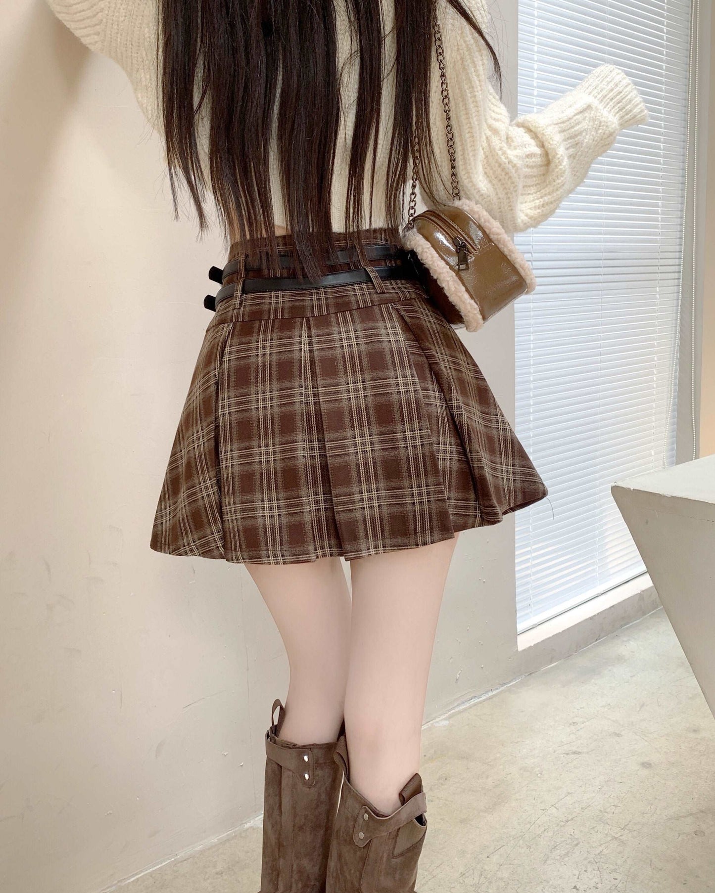 Brown Black Plaid Autumn Light Dark Academia Belt Pleated A-line Short Skirt