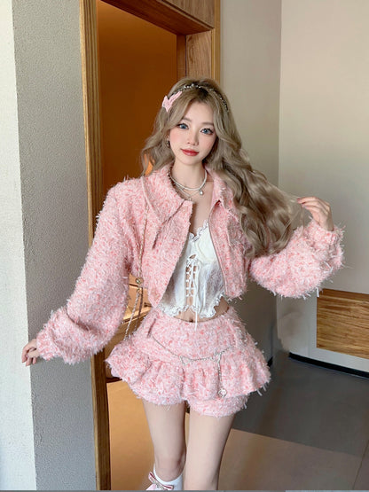 Monet Autumn Pastel Rose Pink Princess Tweed Jacket & Mini Skirt Two Piece Set