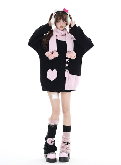 Crazy Girl Sweet Girl Knit Love Soft Pink Black With Scarf Sweater