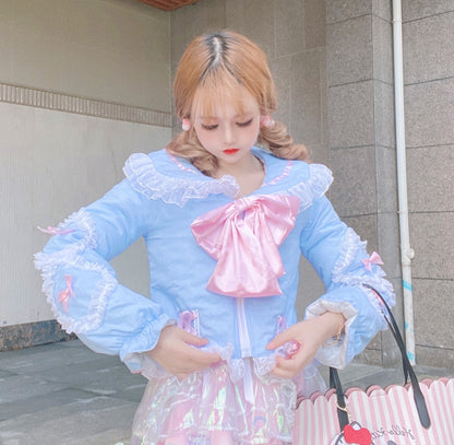 Candy Fairy Sailor Collar Ruffled Blue Pink Black Bow Winter Jacket