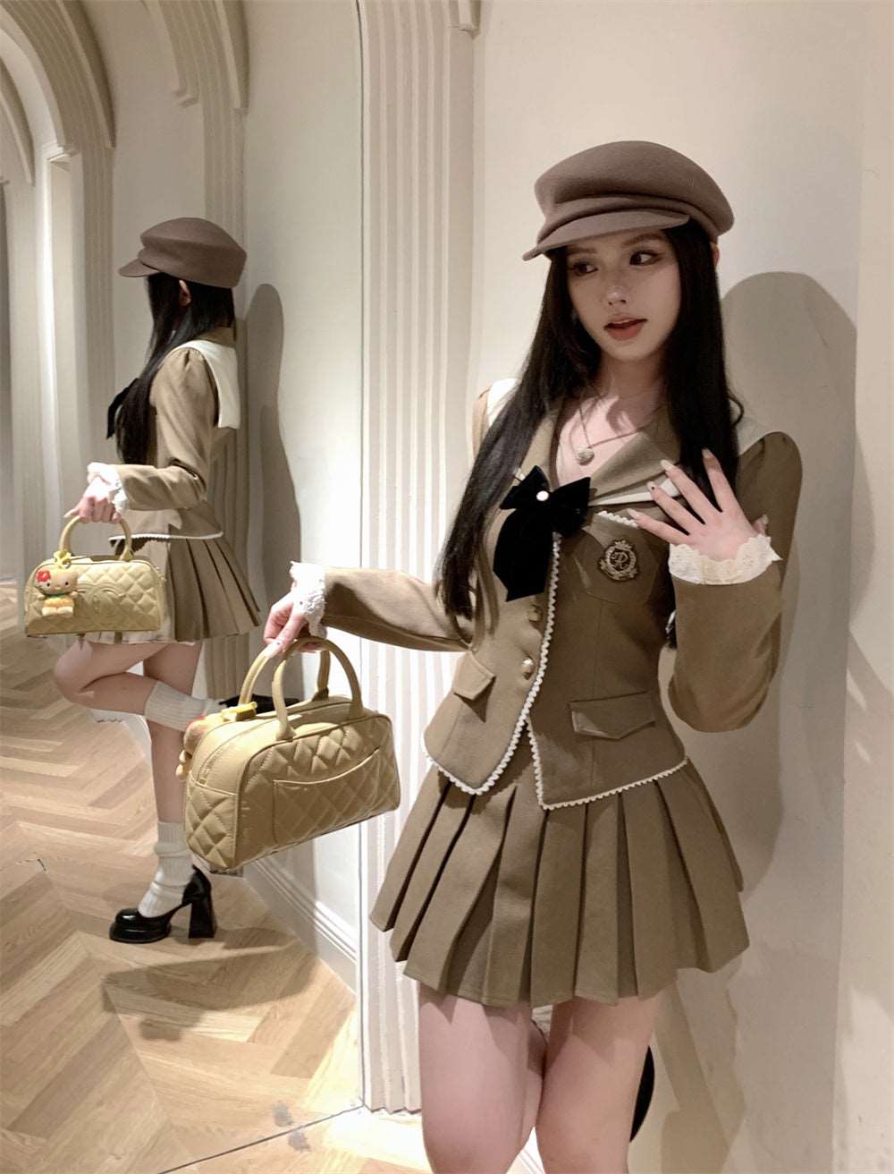 Academia Vintage Autumn Brown Blazer & Pleated Mini Skirt Two Piece Set