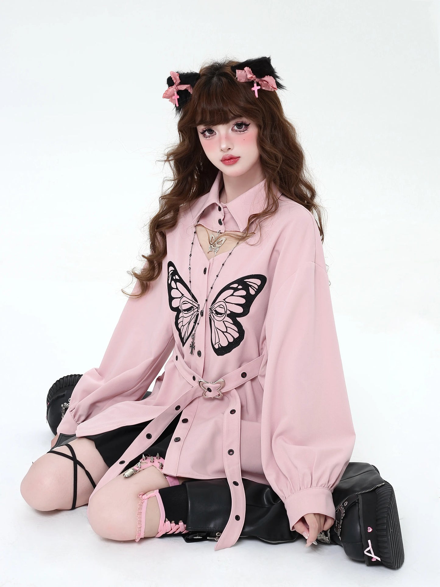 Crazy Girl Floating Dream Butterfly Black White Pink Top