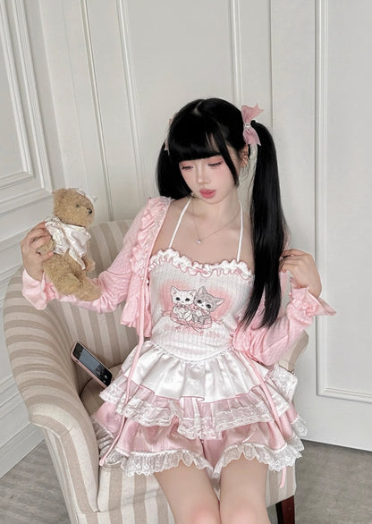 Serendipity Coquette Love Song Cat Camisole & Pink Cardigan & Ruffled Skirt Three Piece Set