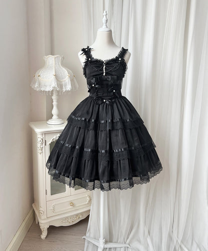 Twins Black & White Gothic Lolita Elegant Strap Dress