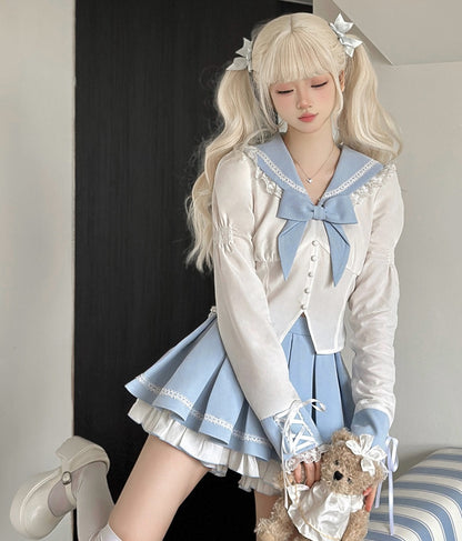 Serendipity Seifuku Sailor School Uniform Pastel Blue White Blouse Shirt & Skirt Two Piece Set