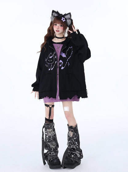 Crazy Girl Electronic Cat Black & Purple Cat Ears Jacket Hoodie