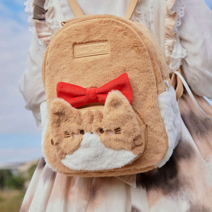 Cat Cute Big Bow Fluffy Plush Backpack Bag