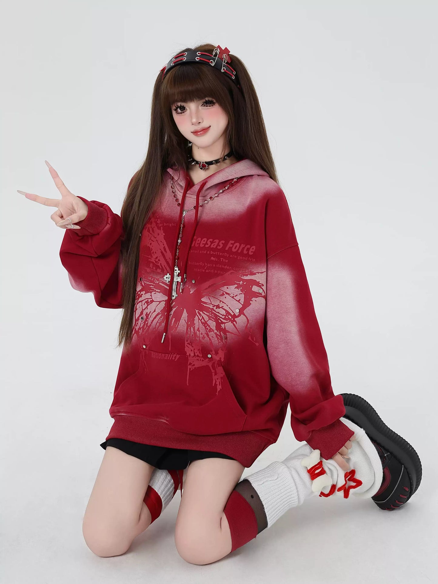 Crazy Girl Gradient Butterfly Black Red Pullover Hoodie