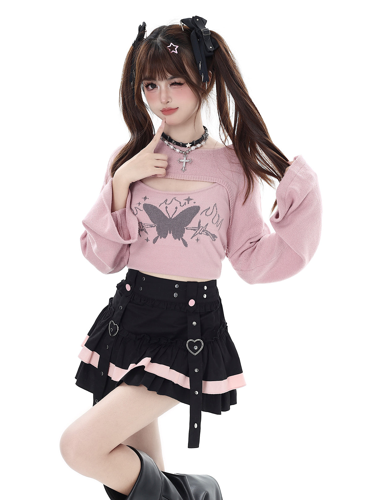 Crazy Girl Taotao Oolong Heart Black Pink Ruffle Short Skirt