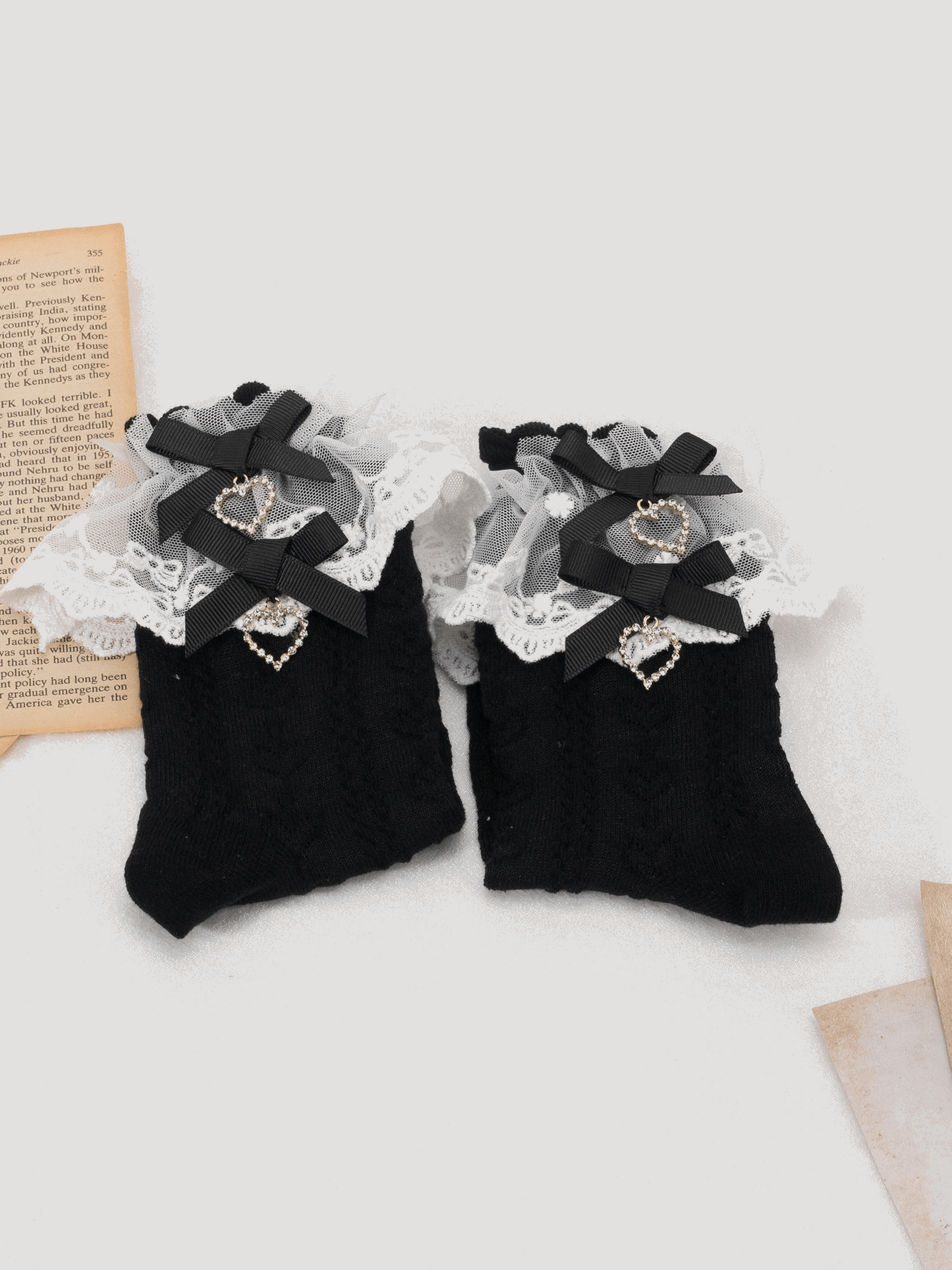 Elegant Princess EGL Black White Pink Lace Love Twin Bow Socks