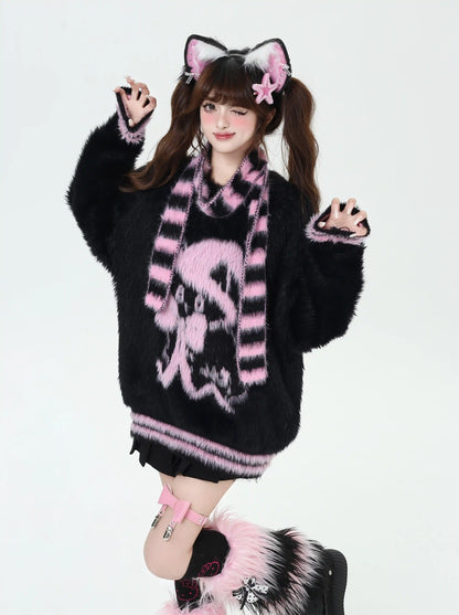 Crazy Girl Cat Witch Black Pink Striped Fuzzy Sweater Scarf