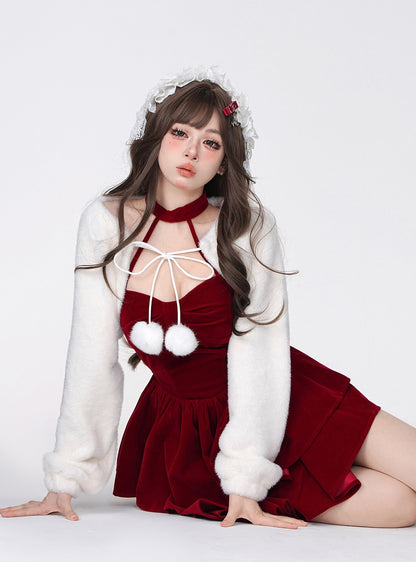 Young Eyes Winter Elf Princess Red Velvet Halter Neck Dress & Little White Jacket Two Piece Set