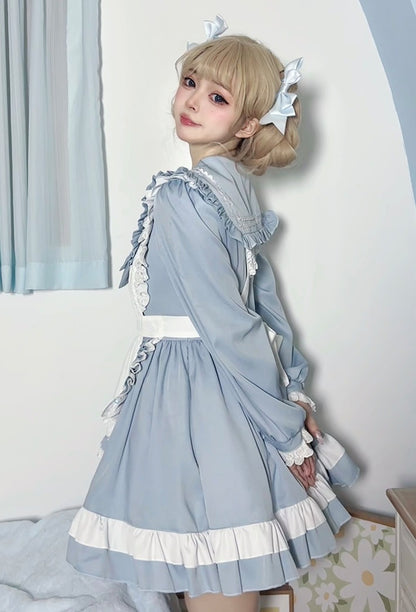 Serendipity Lolita Cosplay Blue & Pink Lace Ruffled Apron Maid Dress