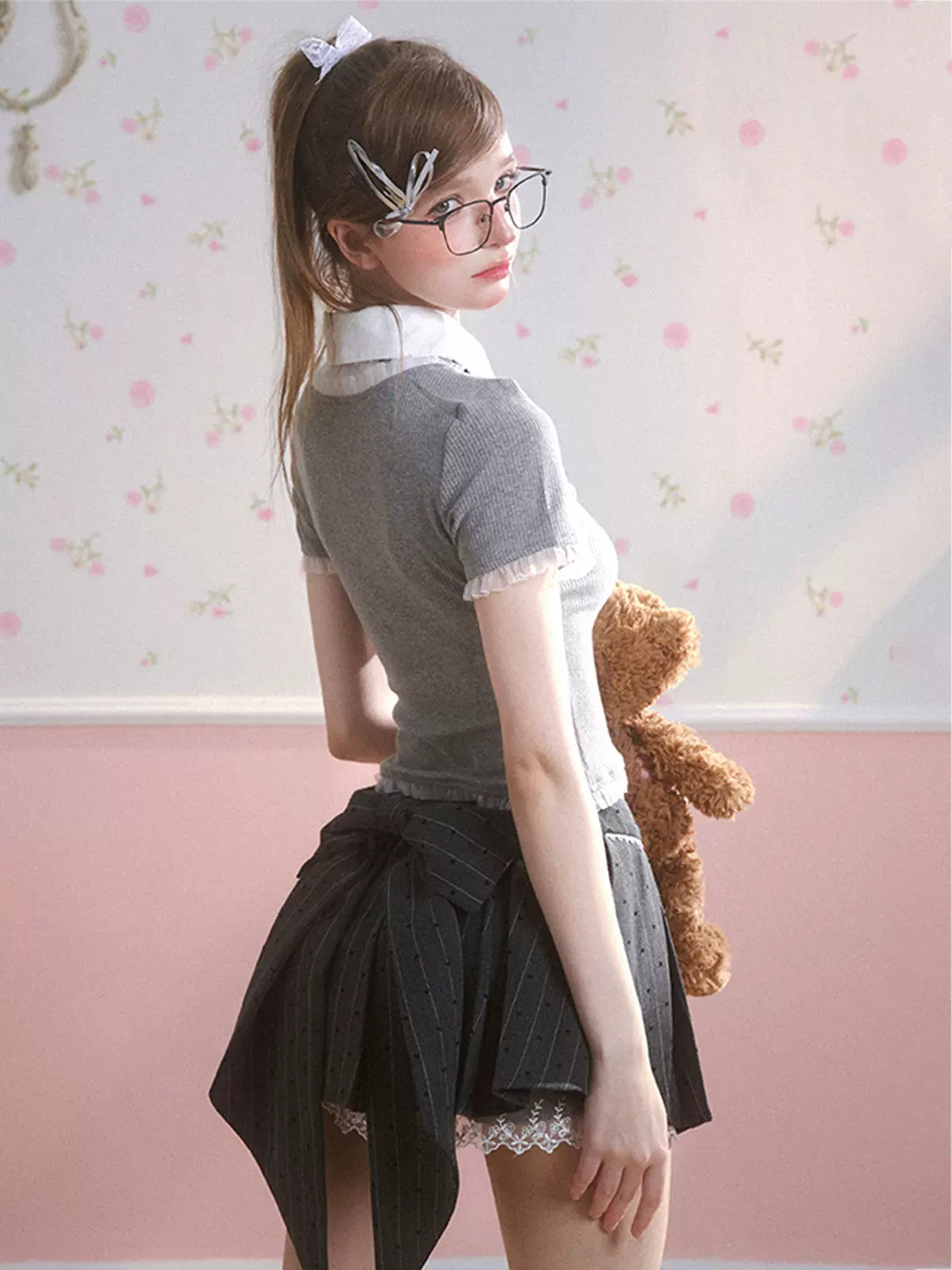 Young Eyes Polo Bow Black Gray Shirt Top