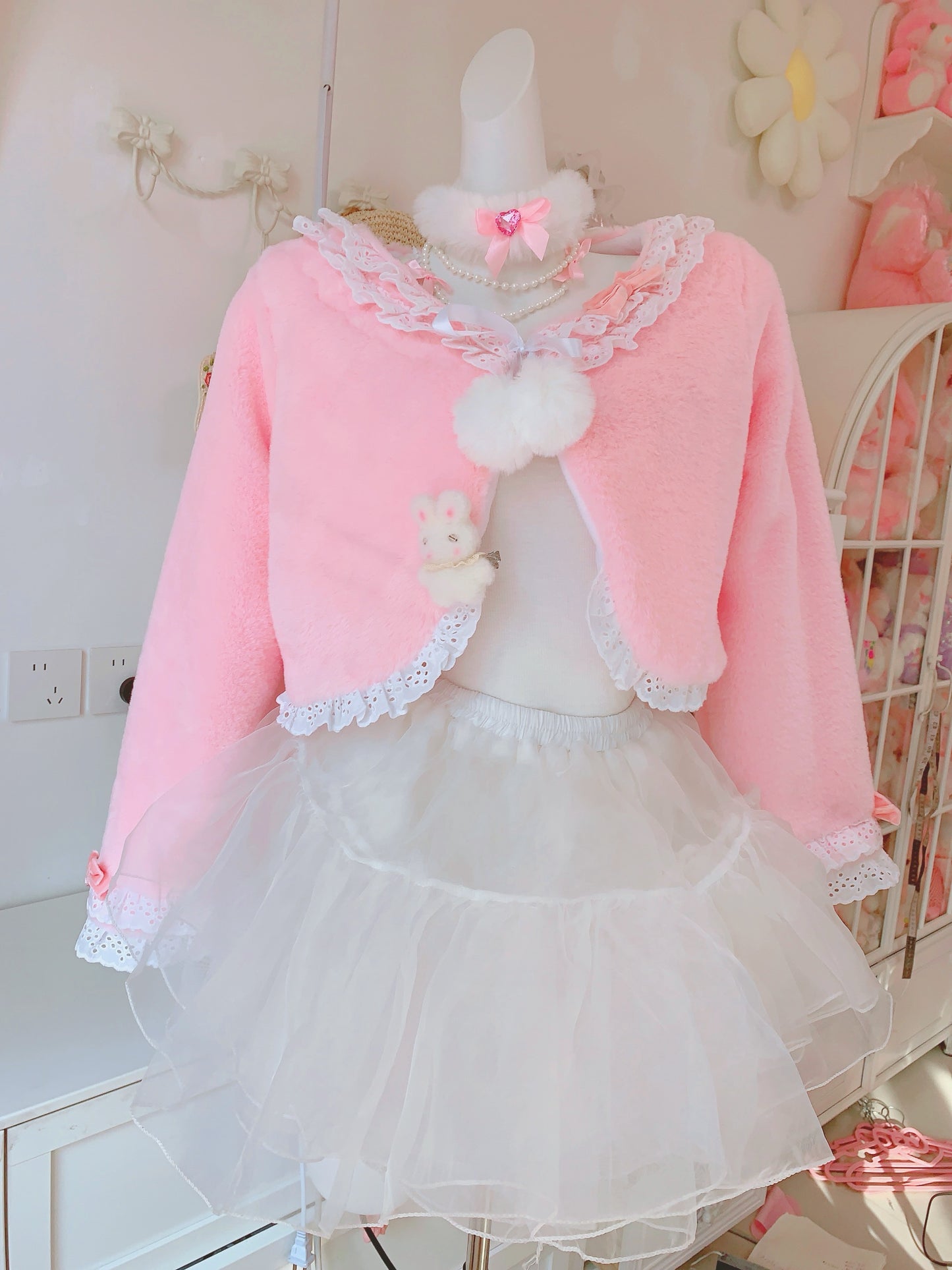 Candy Fairy Pink Blue Lace Sailor Collar Bow Plush Fur Jacket