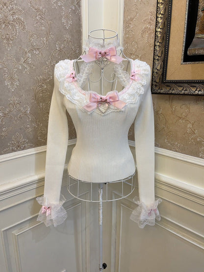 Sweetheart Princess Fantasy Flower White Halter Neck Knit Sweater Top & Pink Skirt Two Piece Set