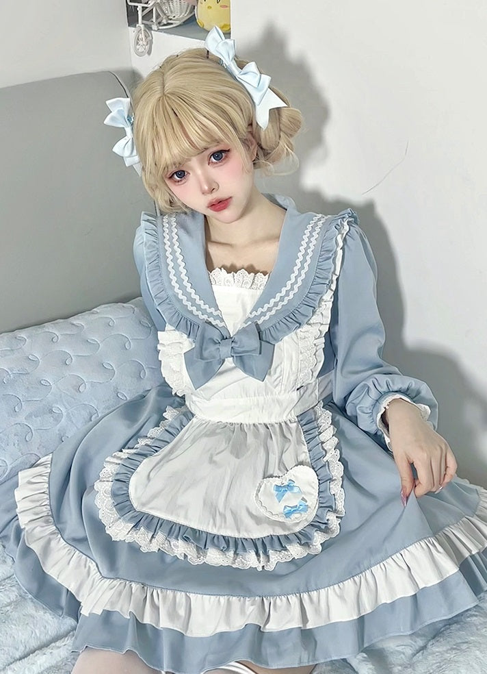 Serendipity Lolita Cosplay Blue & Pink Lace Ruffled Apron Maid Dress