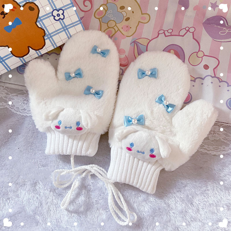 Cute Cartoon Purple Devil Melody Cinnamon Dog Pompom Pearl Bow Thick Winter Gloves Mittens