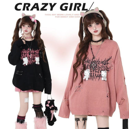 Crazy Girl Punk Kitty Clips Pink Black Knit Sweater