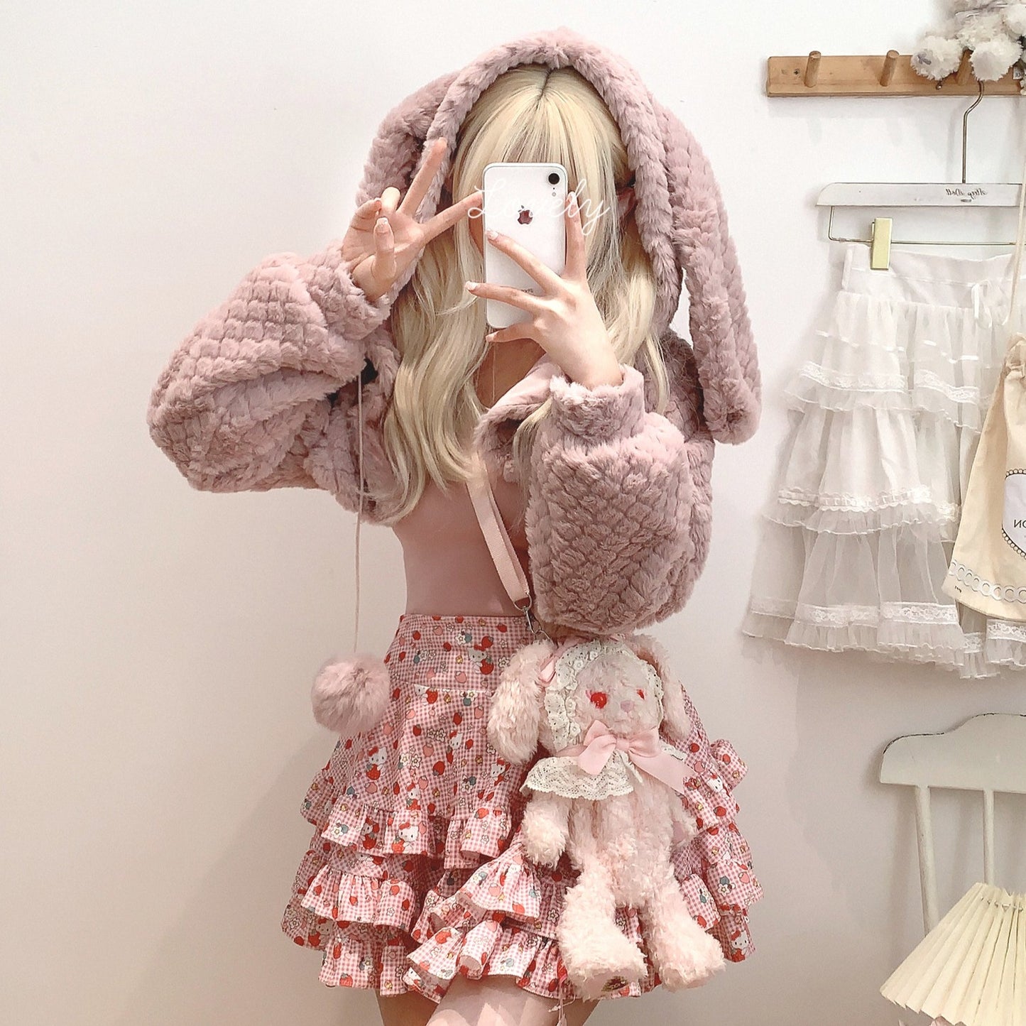 Dormir Doll Winter Pink Rabbit Ears & Brown Bear Ears Hoodie Short Jacket