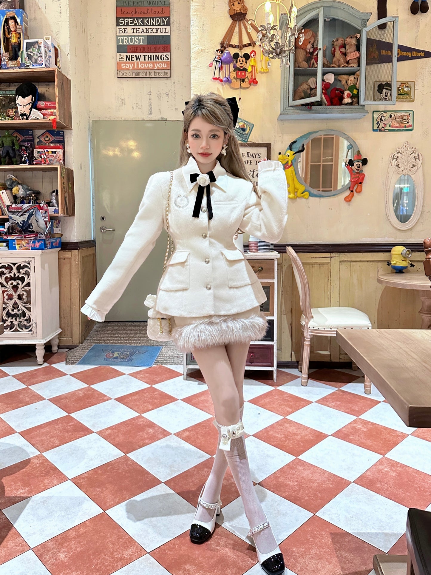 Monet Elegant Chic Winter White Fur Woolen Jacket & Skirt Two Piece Set