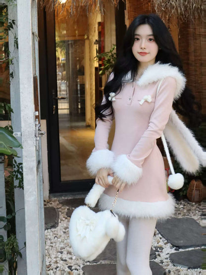 Blue Angel Sweet Rabbit Ears Hooded Fur Edge Pink Knit Dress