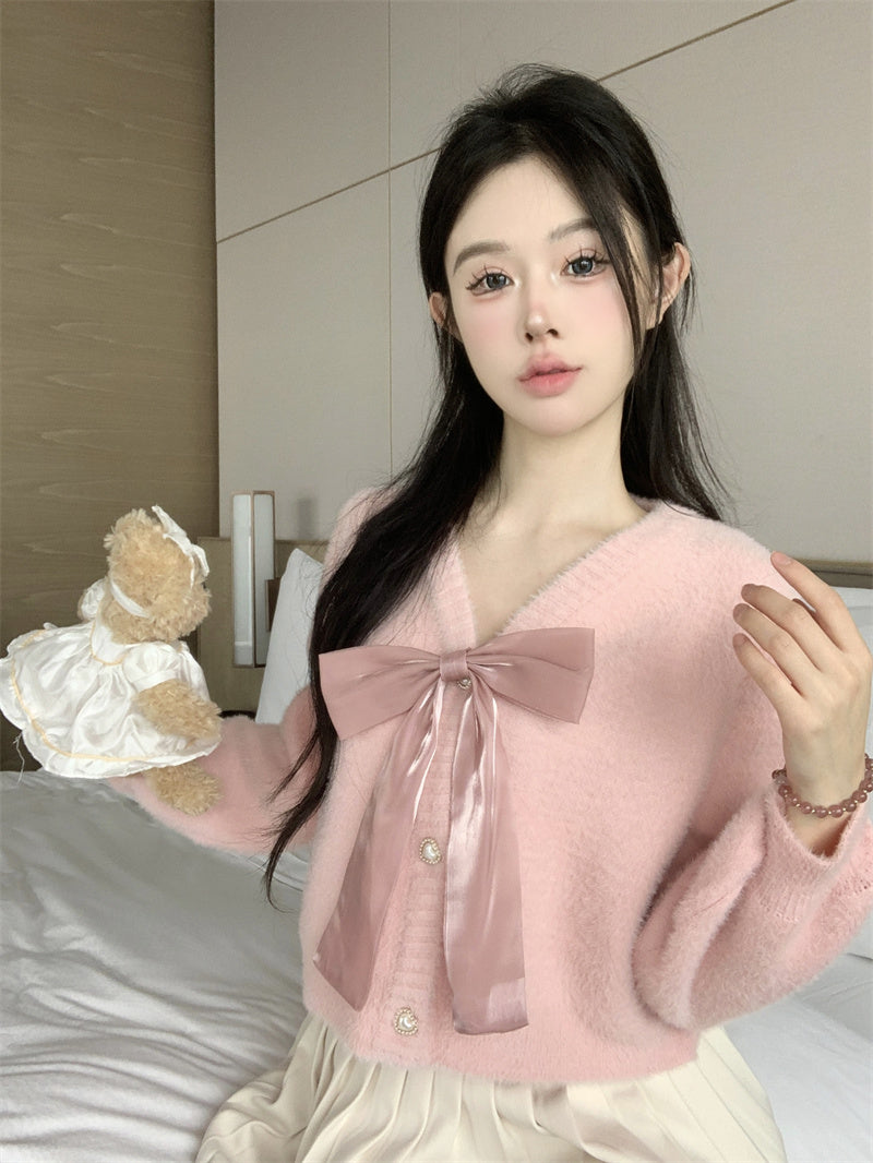 Winter Sweet Soft Bow Ribbon Pink Sweater Cardigan