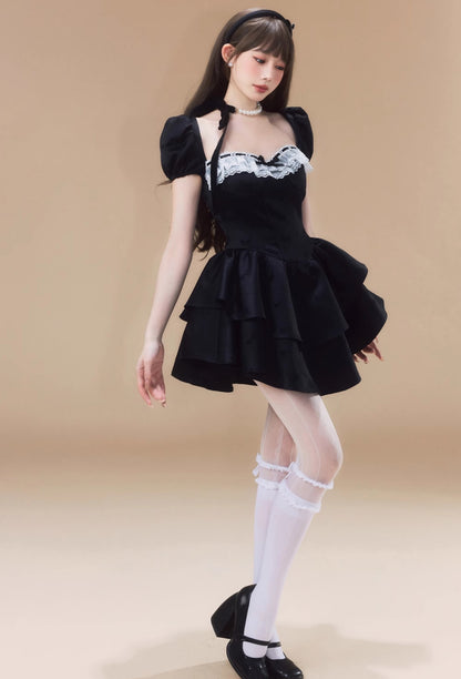 Monet Black Bow Puff Sleeve Short Dress