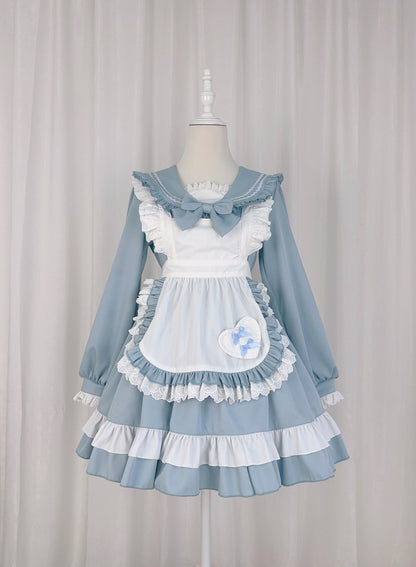 Serendipity Lolita Cosplay Blue & Pink Lace Ruffled Apron Maid Dress