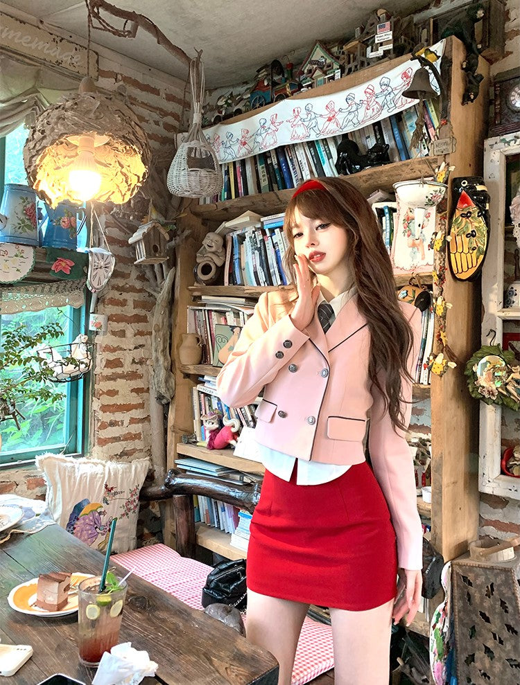 Lazy Girl Sweet Academia Pink Blazer White Shirt Red Skirt Three Piece Set