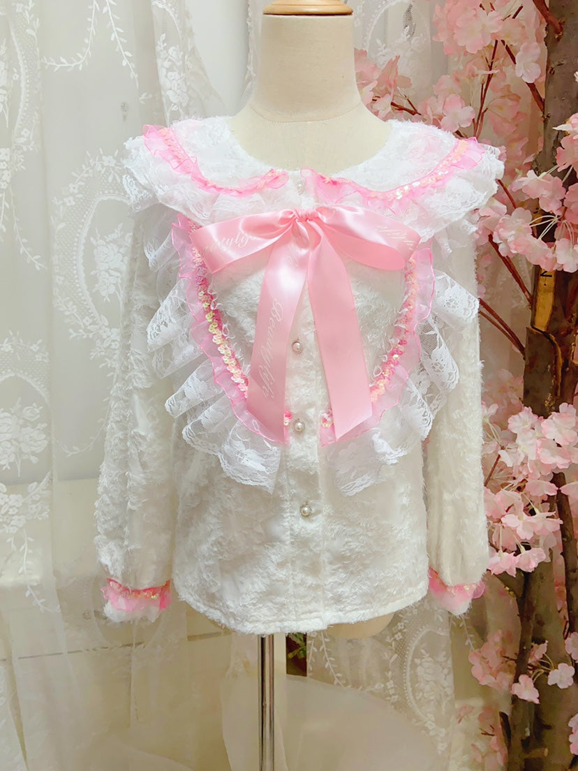 Candy Fairy Winter White Velvet Doll Collar Pink Ruffled Long Sleeve Blouse Shirt