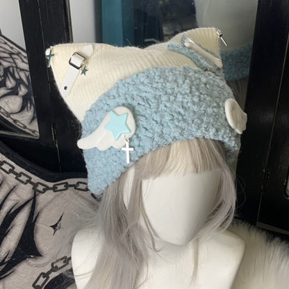 Y2K Star Cross Angel Wings White Cat Ear Knit Soft Pastel Blue Beanie