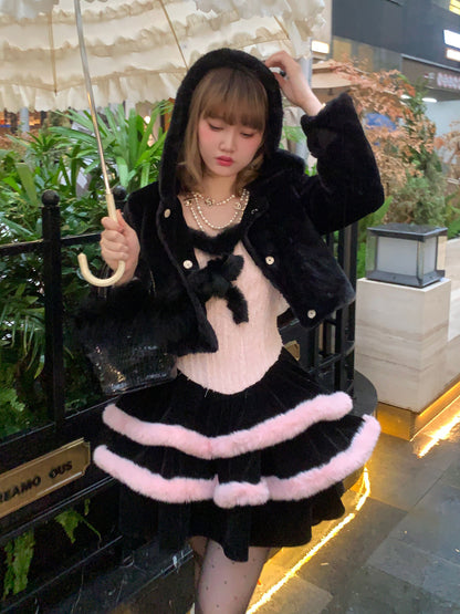 Picnic Girl Winter Black Pink Strap Fur Ruffled Dress & Hooded Jacket Two Piece Set