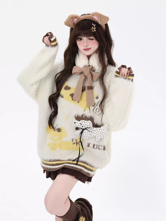 Crazy Girl Lucky Puppy Dog Brown Yellow Fuzzy Sweater