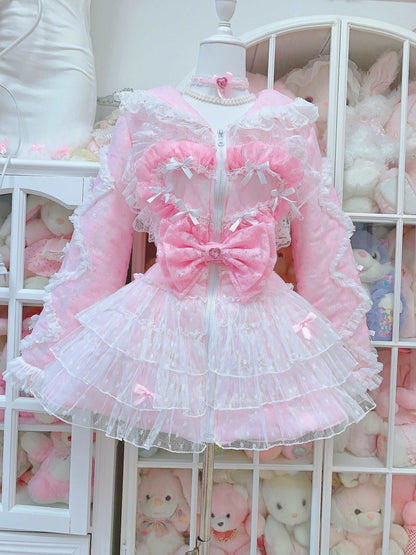 Candy Fairy Sparkling Pink Princess Bow Ruffled Thick Winter Coat Dress