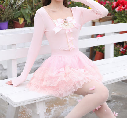 Sweetheart Princess Balletcore Pink Bow Lace Shirt Top & Skirt Two Piece Set