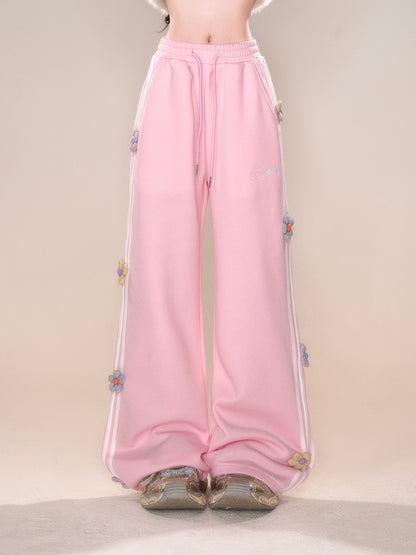 Young Eyes Sweet Flower Gray Pink Elastic Waist Sweatpants