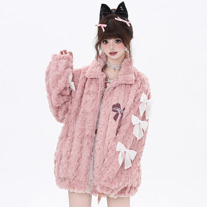 Crazy Girl Triples Bow Fleece Pink White Plush Jacket