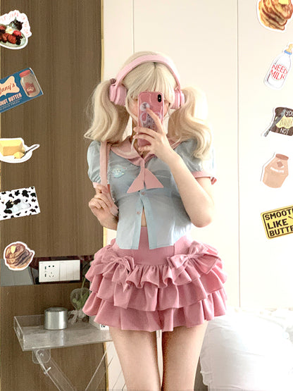 Serendipity Coquette Sweet Sailor Collar Blue Puff Sleeve Shirt & Pink Ruffled Mini Skirt Two Piece Set