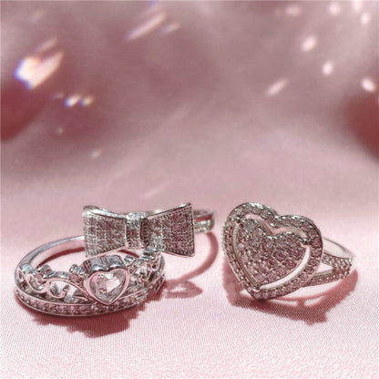 Pink Silver Love Bow Rhinestone Diamond Crown Ring Collection Set Accessories Jewerly