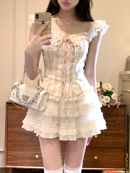 Creamy Sweet Pastoral Princess Floral Top & Cream Skirt Two Piece Set