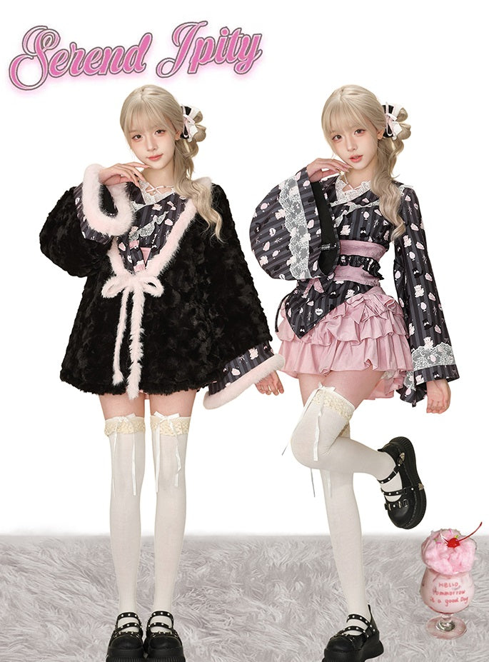 Serendipity Fireworks Song Kimono Black Top & Jacket & Pink Skirt Three Piece Set